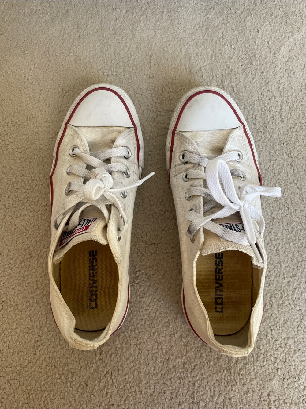 Converse Kids Low Top Canvas Sneakers in White with Red Trim
